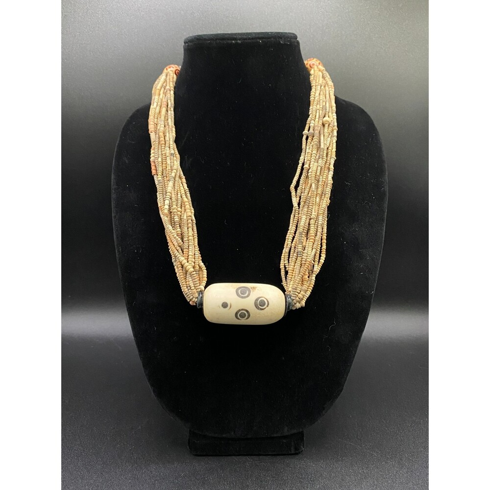 Handcrafted Multistrand Terracotta Glass Necklace with Stamped Focal Bead